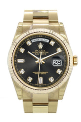 Rolex Day-Date 36 Black Set With Diamonds Dial Fluted Bezel Yellow Gold Watch 118238